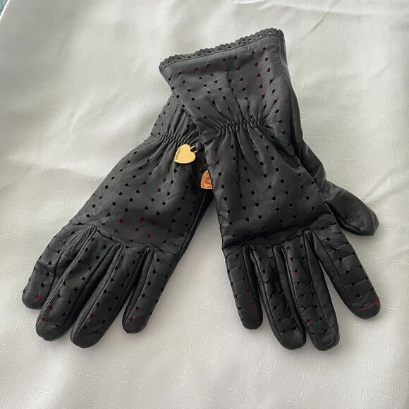 💖HOST PICK Vintage Moschino Genuine Leather Gloves Black Red Lining Size 7.5 - Picture 1 of 12
